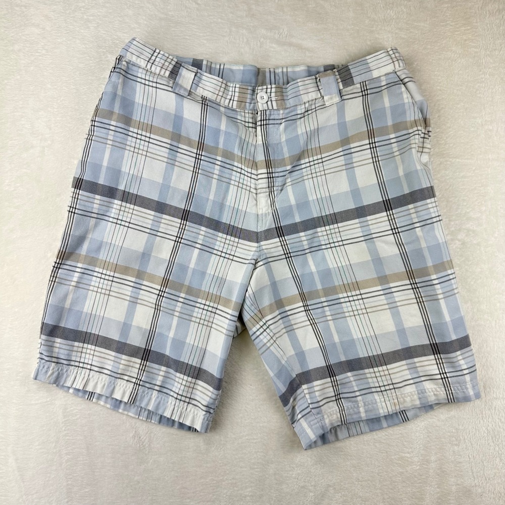 Preppy Burnside Plaid Shorts Mens Regular 38 Blue White Flat Front Cotton